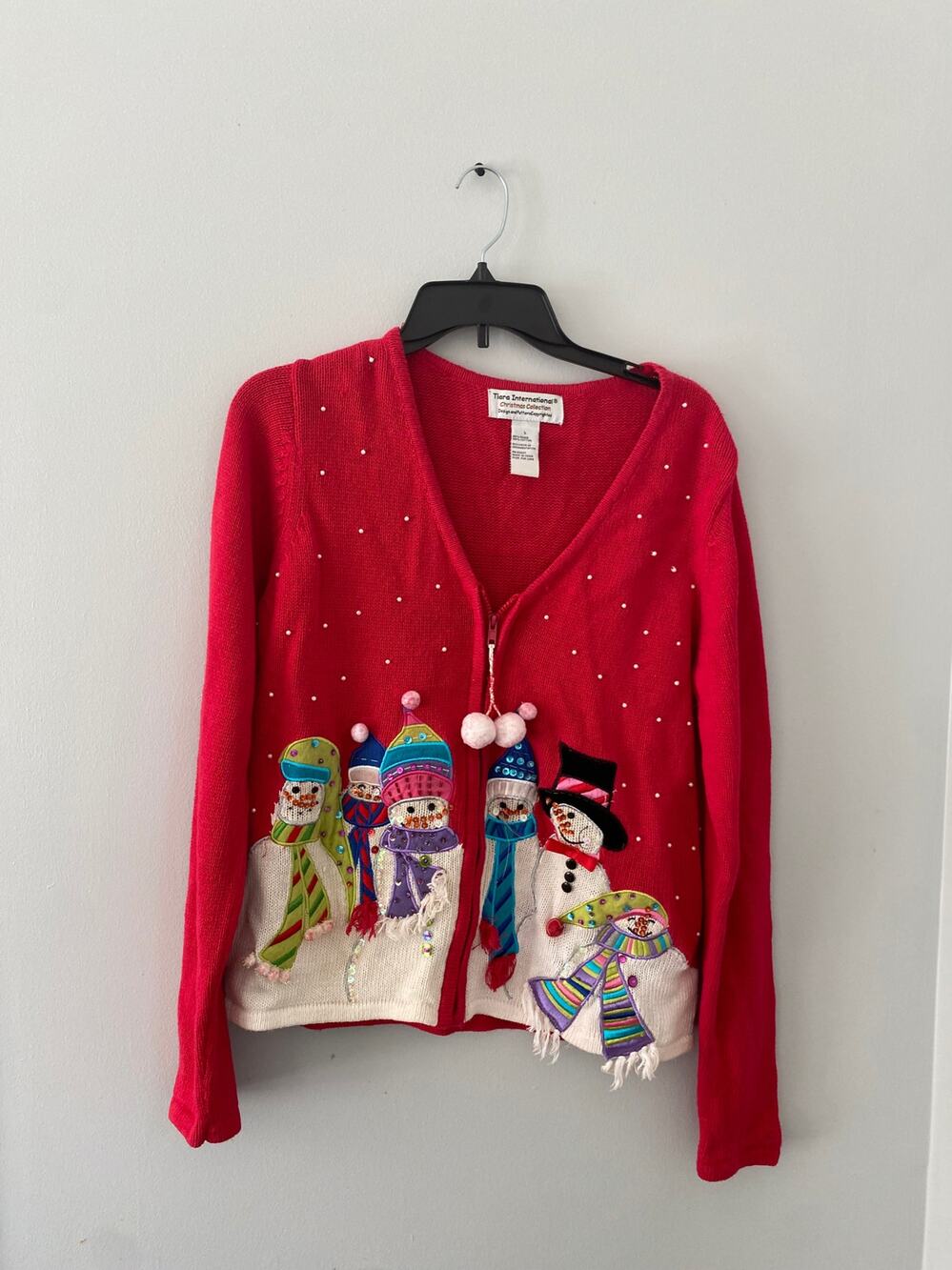Tiara International red Zip Up Ugly Christmas Sweater snowman Jacket Size L